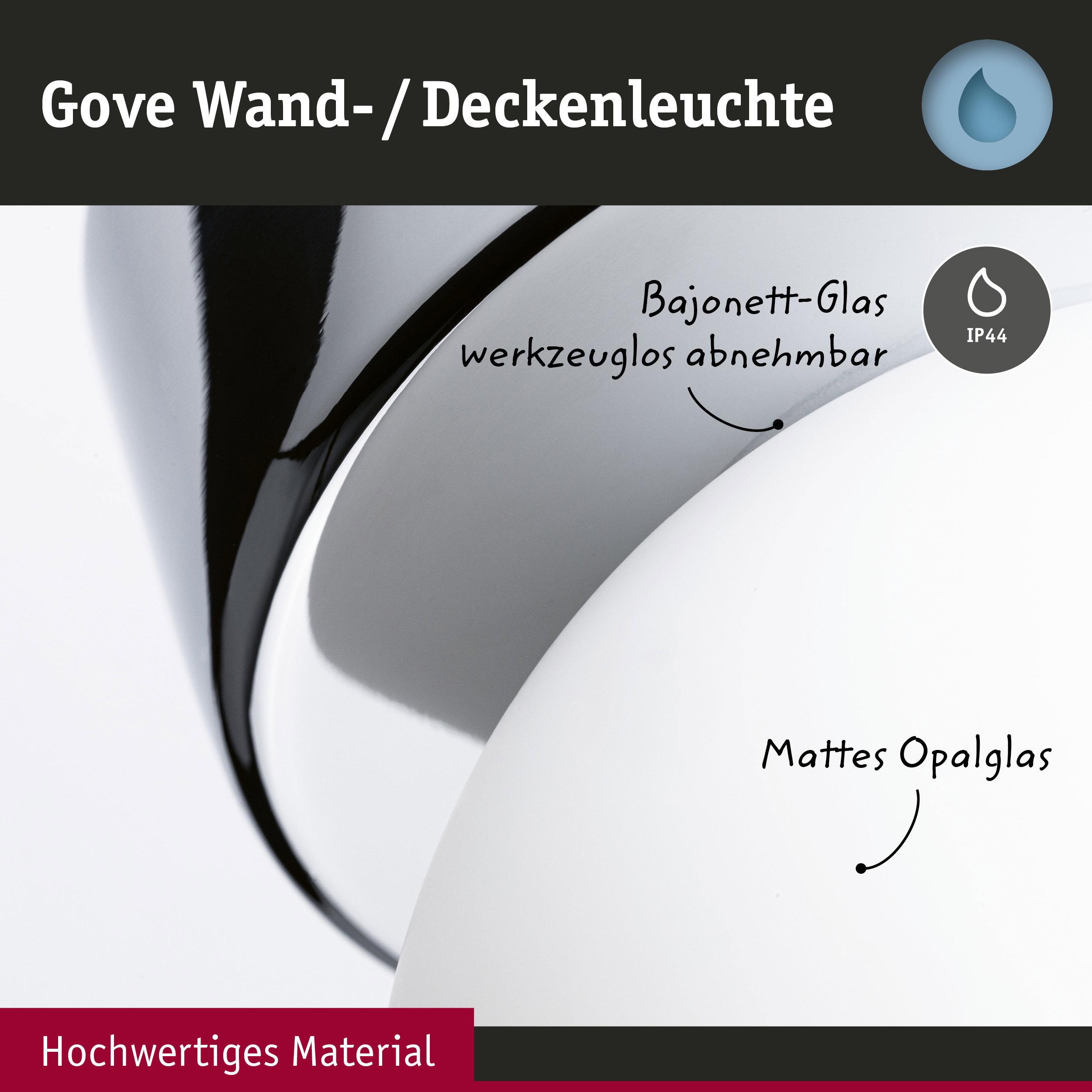 Gove Wand- und Deckenleuchte mit mattem Opalglas und Bajonett-Glas, hochwertiges Material, IP44 Schutz
