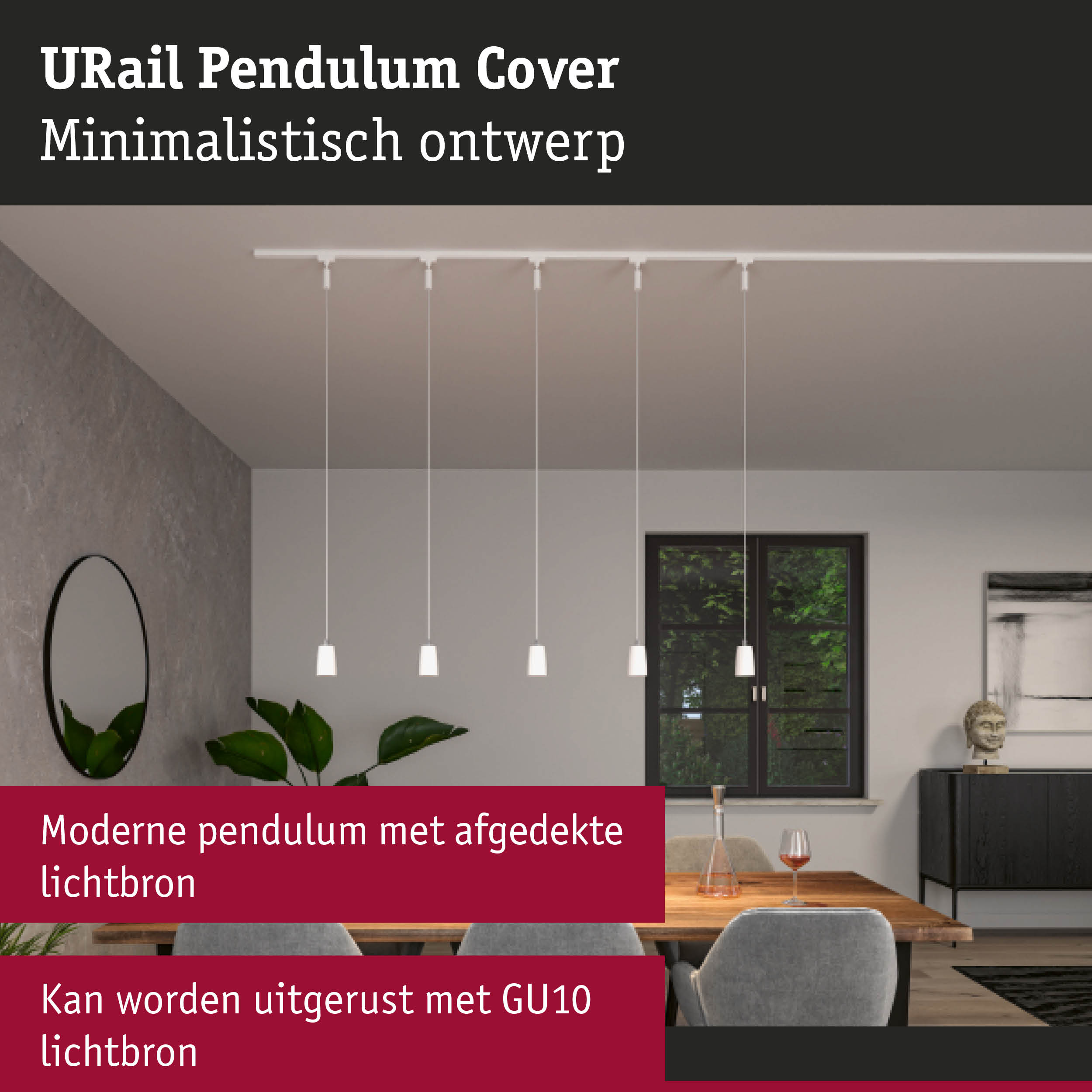 Minimalistische witte URail Pendulum Cover met afgedekte lichtbronnen in moderne eetkamerverlichting