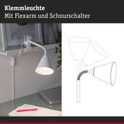 Weiße Klemmleuchte mit flexiblem Arm und Schnurschalter, ideal für Schreibtischbeleuchtung