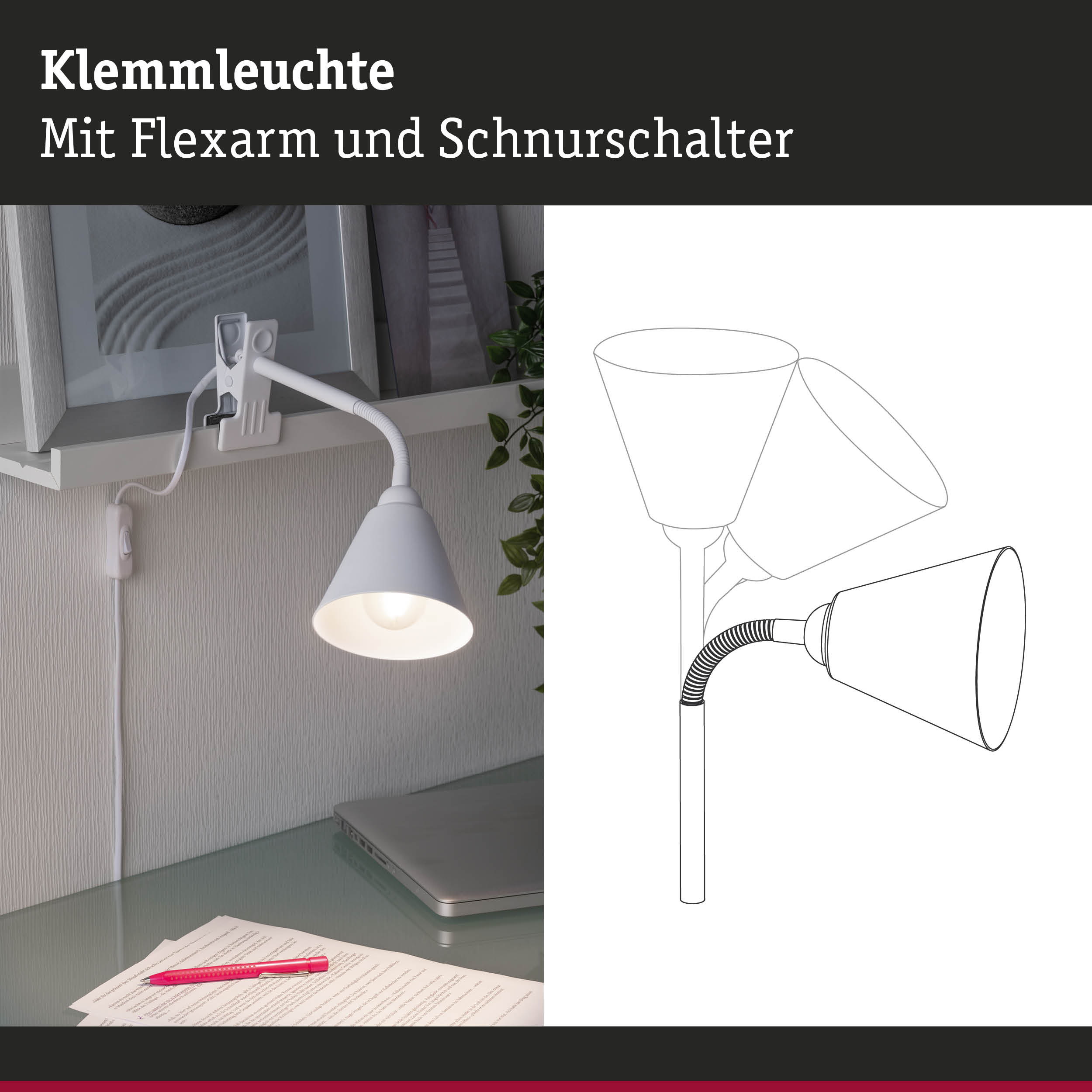 Weiße Klemmleuchte mit flexiblem Arm und Schnurschalter, ideal für Schreibtischbeleuchtung