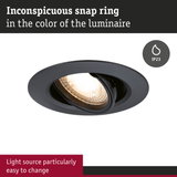 Black recessed spotlight with inconspicuous snap ring and IP23 protection, easy light source replacement