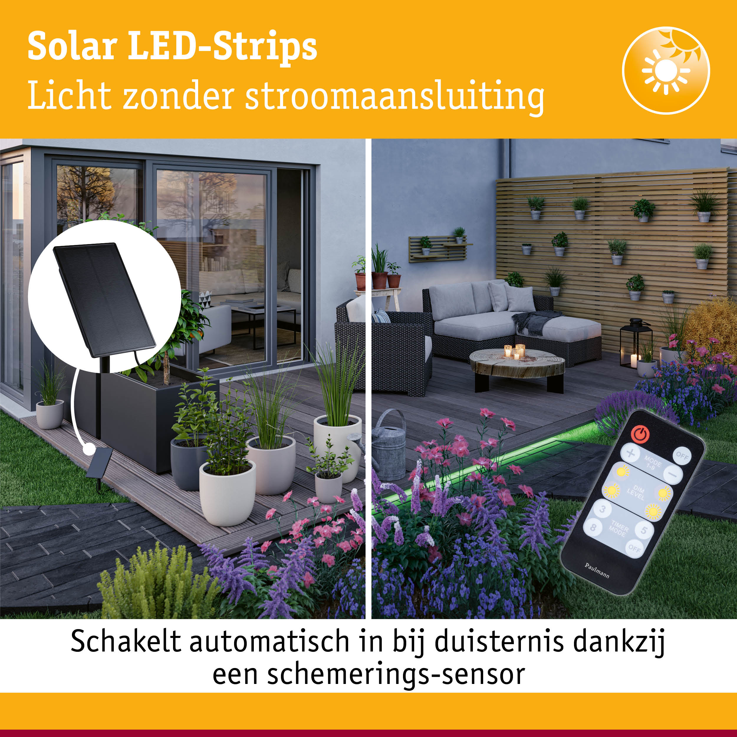 Zonne-LED-strips met afstandsbediening en schemeringssensor voor tuinverlichting zonder stroomaansluiting