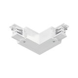 White plastic corner connector for track lighting systems with screws and plug connection