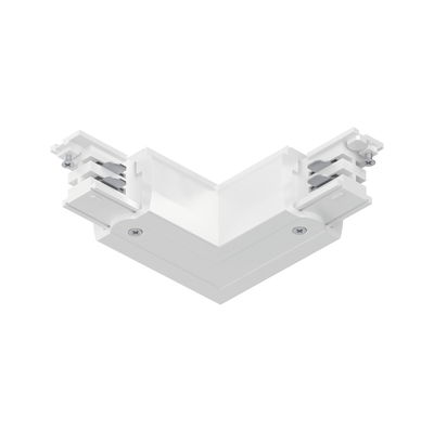 White plastic corner connector for track lighting systems with screws and plug connection
