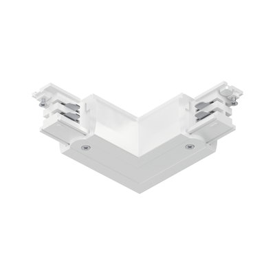White plastic corner connector for track lighting systems with screws and plug connection