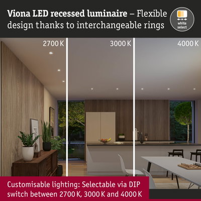 Viona LED recessed luminaire with interchangeable white rings, dimmable light from 2700K to 4000K colour temperature