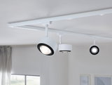 White LED track light with three adjustable spotlights for modern indoor lighting