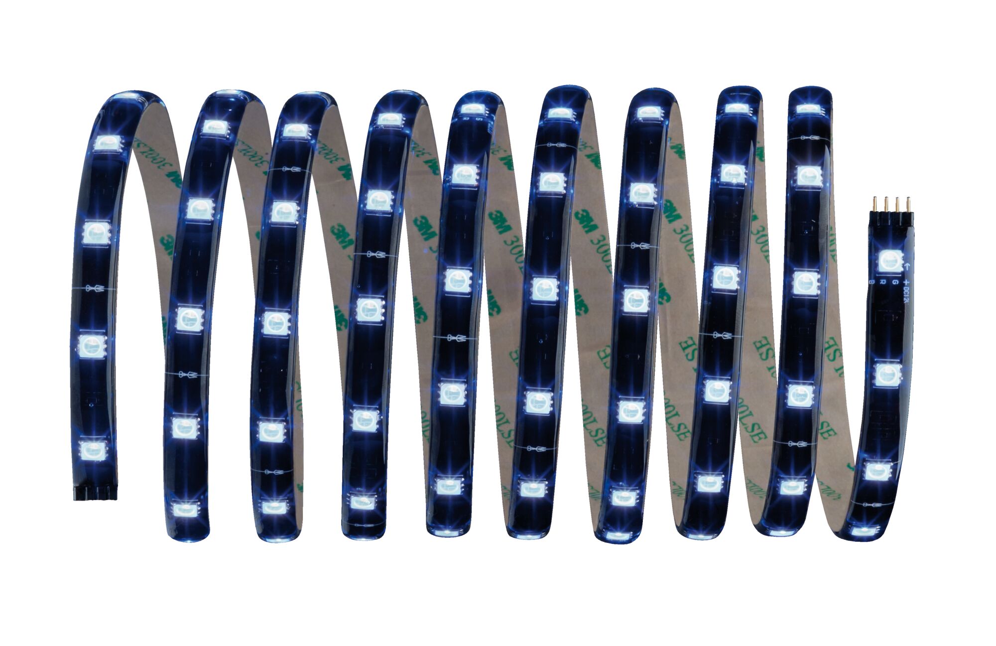 Flexible LED strip with white lights on black tape for decorative lighting solutions.