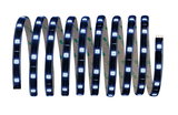 Flexible LED strip with white lights on black tape for decorative lighting solutions.