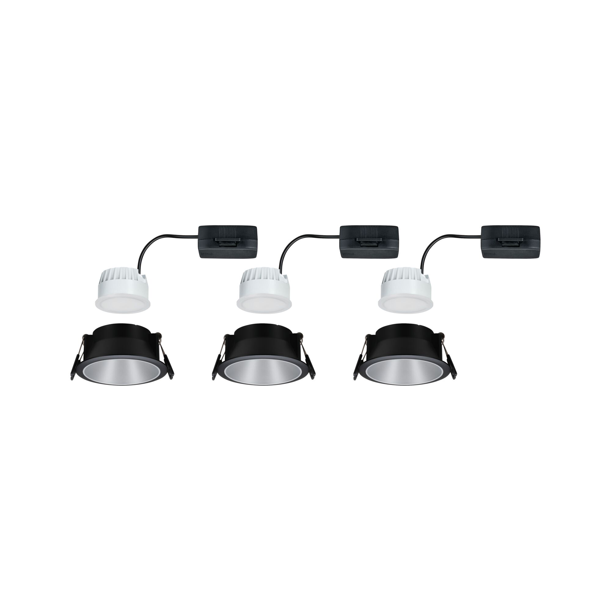 Trois spots encastrés noirs à LED avec drivers blancs et réflecteurs argentés pour éclairage intérieur moderne