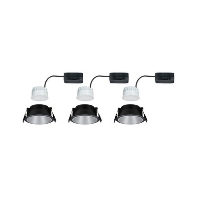 Three black recessed LED spotlights with white drivers and silver reflectors for modern interior lighting