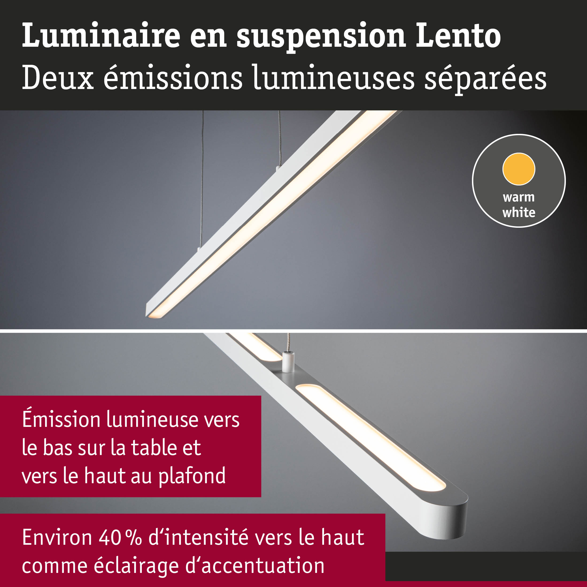 Luminaire suspendu blanc Lento avec deux émissions lumineuses séparées en lumière blanc chaud