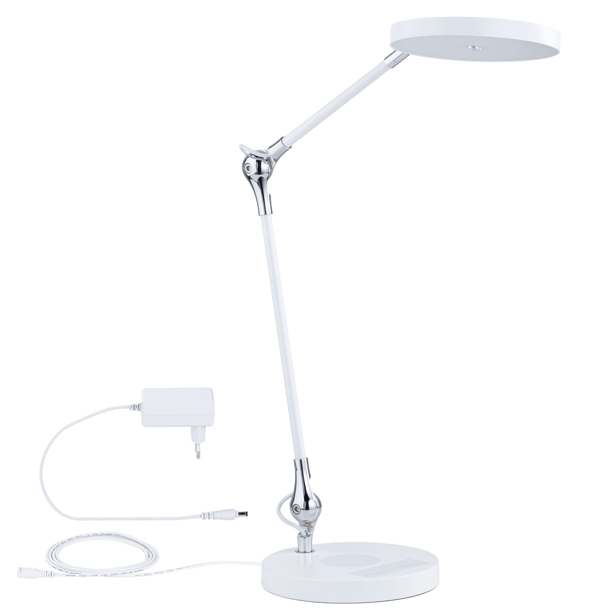 Weiße LED-Tischleuchte aus Metall mit rundem Leuchtkopf und verstellbarem Arm für Bürobeleuchtung