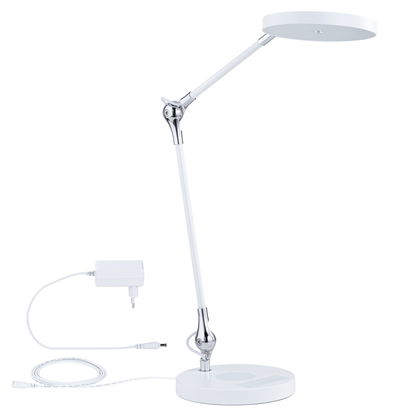 Weiße LED-Tischleuchte aus Metall mit rundem Leuchtkopf und verstellbarem Arm für Bürobeleuchtung