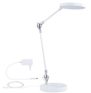 White metal LED desk lamp with round head and adjustable arm for office lighting and workspace