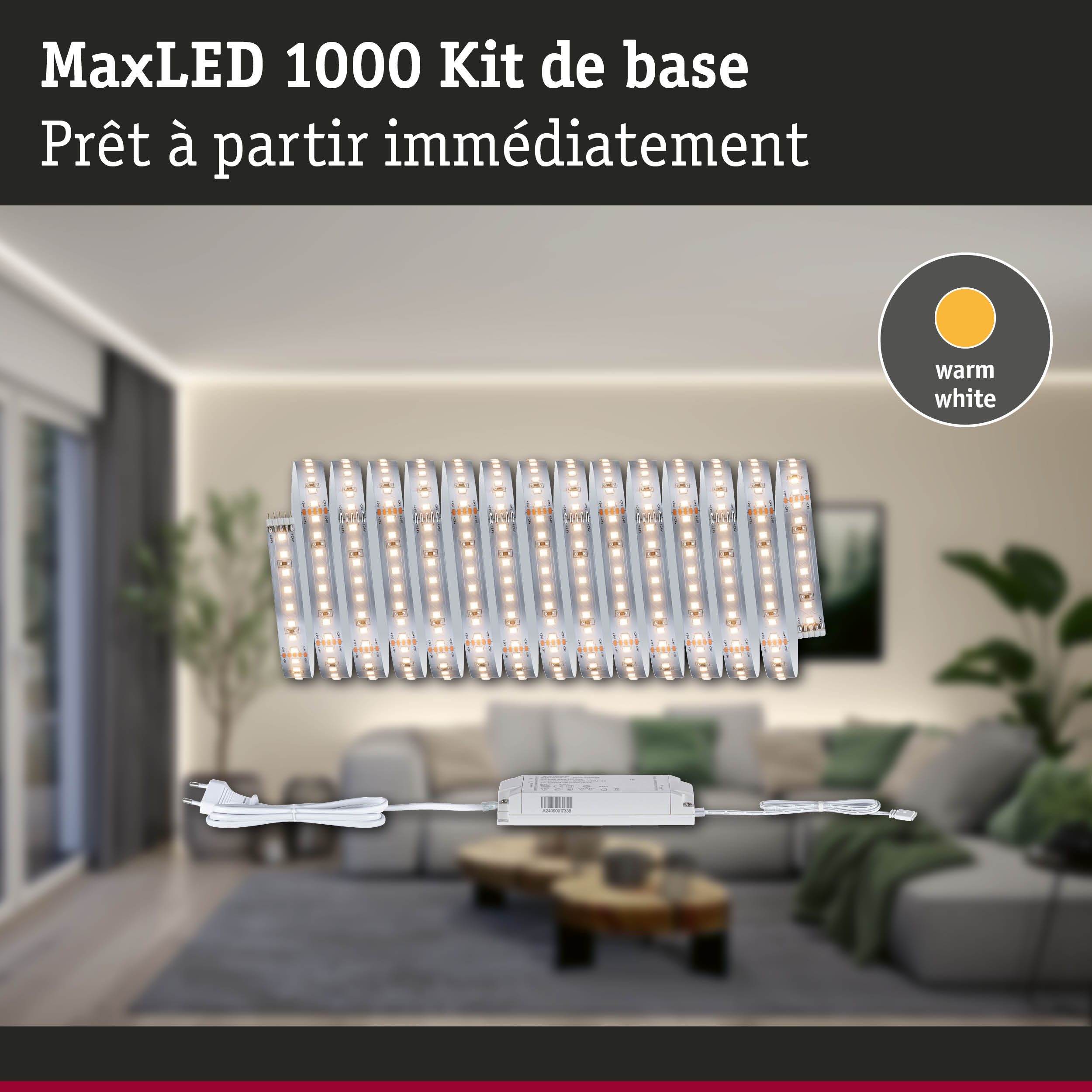 Kit bande LED MaxLED 1000 avec lumière blanc chaud et alimentation pour éclairage intérieur