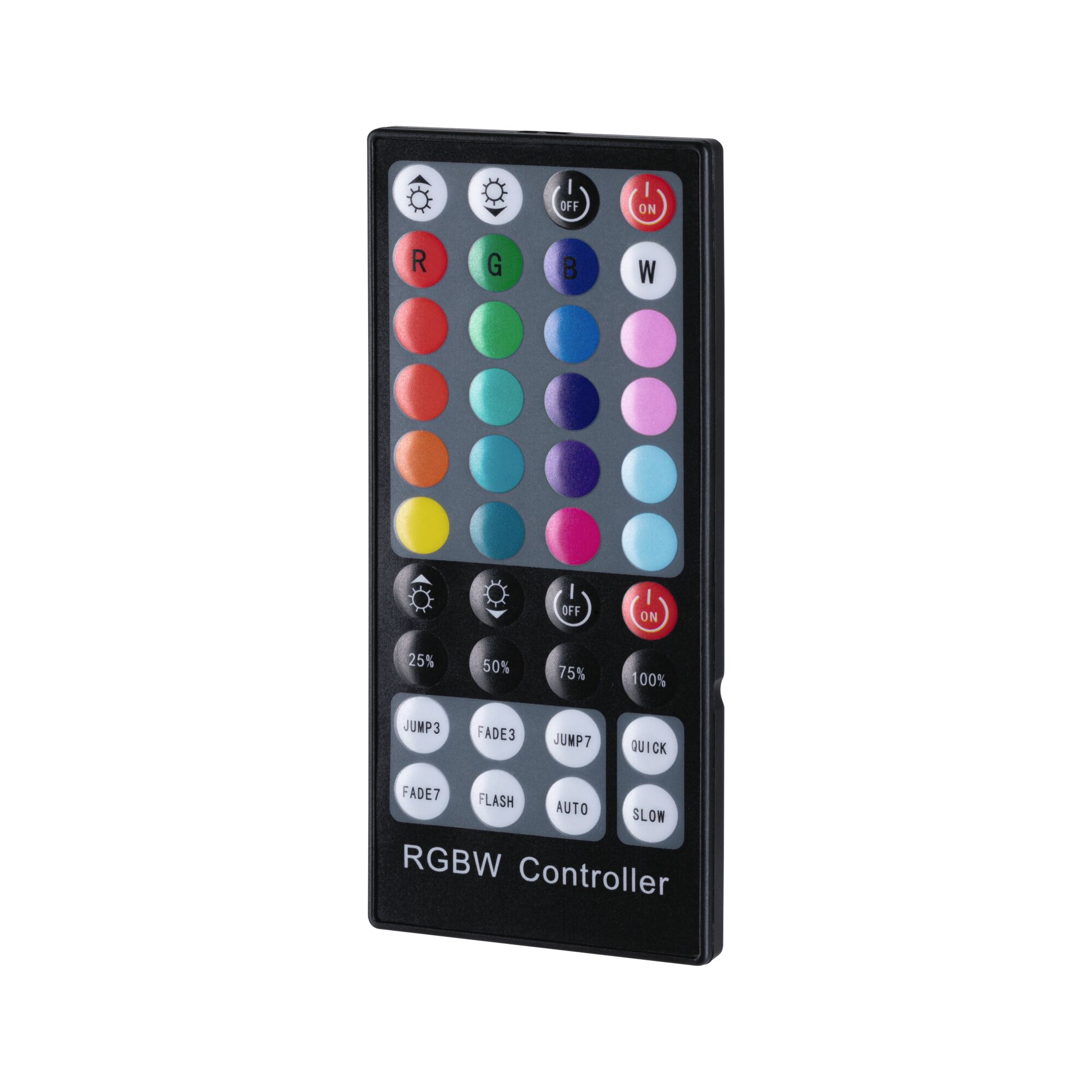 Télécommande noire RGBW avec boutons colorés pour régler les couleurs et la luminosité des LED