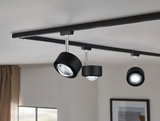 Schwarzes LED-Schienensystem mit drei verstellbaren Strahlern aus Metall für moderne Raumbeleuchtung