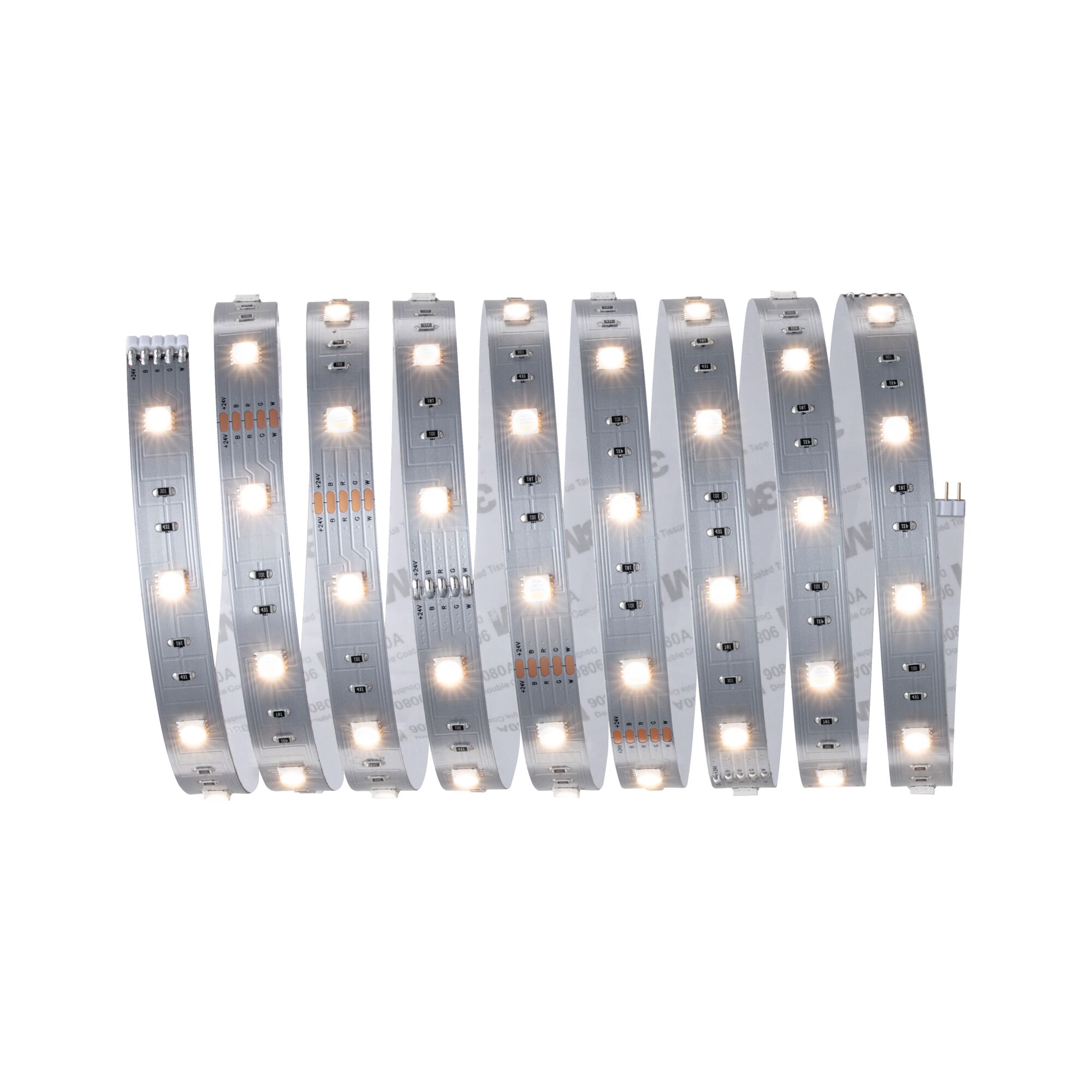 Flexibler LED-Lichtstreifen mit warmweißen LEDs auf silberner Platine für vielseitige Beleuchtung.