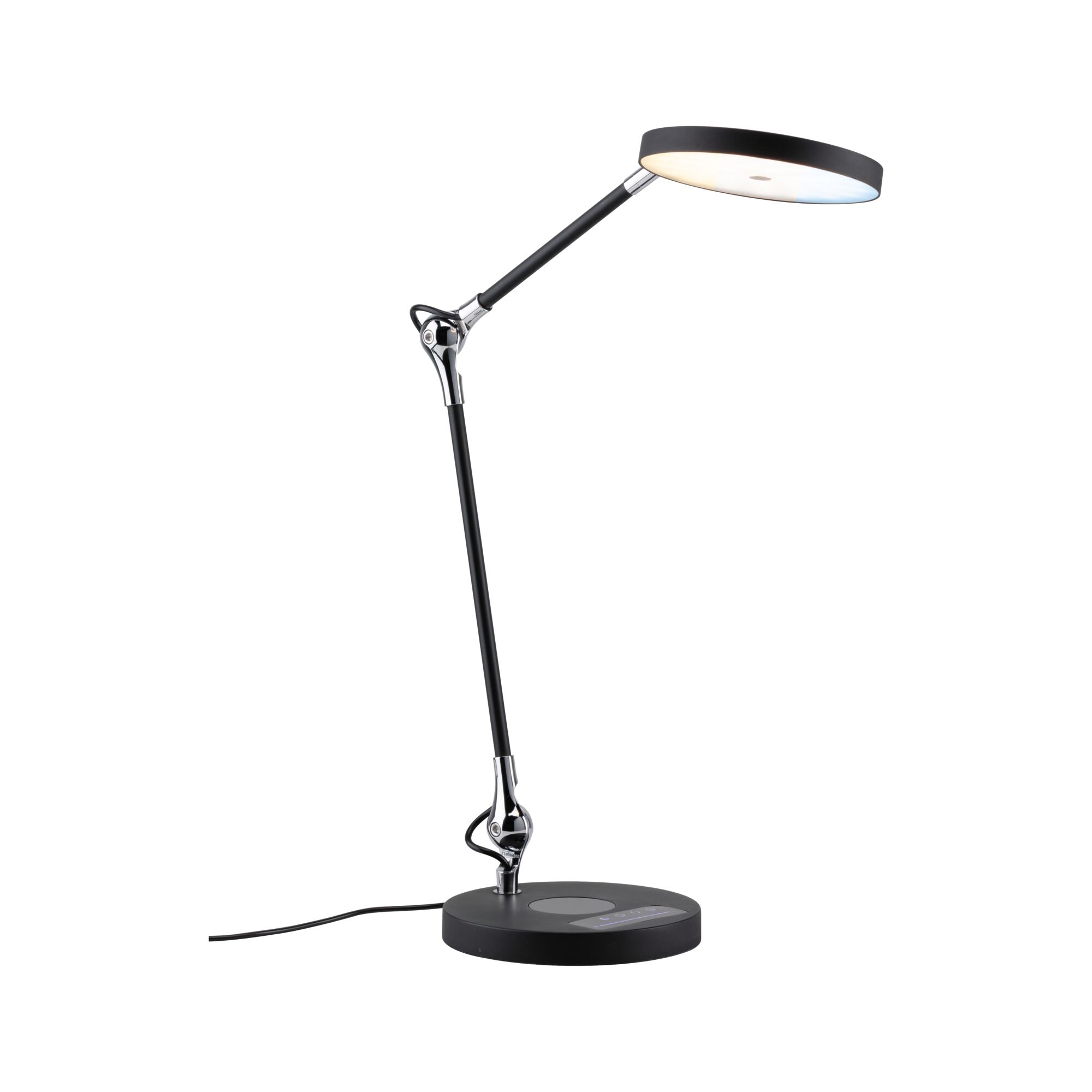 Moderne schwarze LED-Tischlampe mit rundem Leuchtkopf und verstellbarem Arm aus Metall und Kunststoff