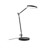Moderne sort LED-skrivebordslampe med rund lyskilde og justerbar arm i metal og plastik