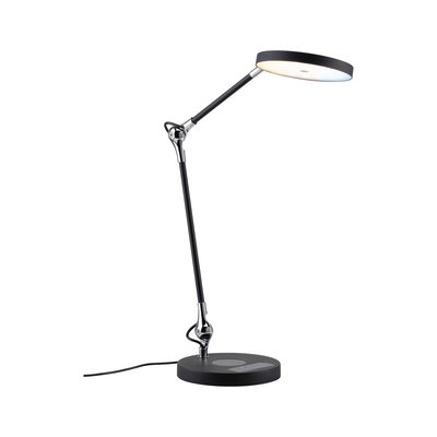 Moderne schwarze LED-Tischlampe mit rundem Leuchtkopf und verstellbarem Arm aus Metall und Kunststoff