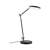 Modern black LED desk lamp with round light head and adjustable metal and plastic arm for office use