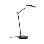 Black LED desk lamp with round head and adjustable metal arm for office lighting and workspaces