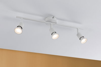 Three white metal LED ceiling spotlights with adjustable heads for modern room lighting