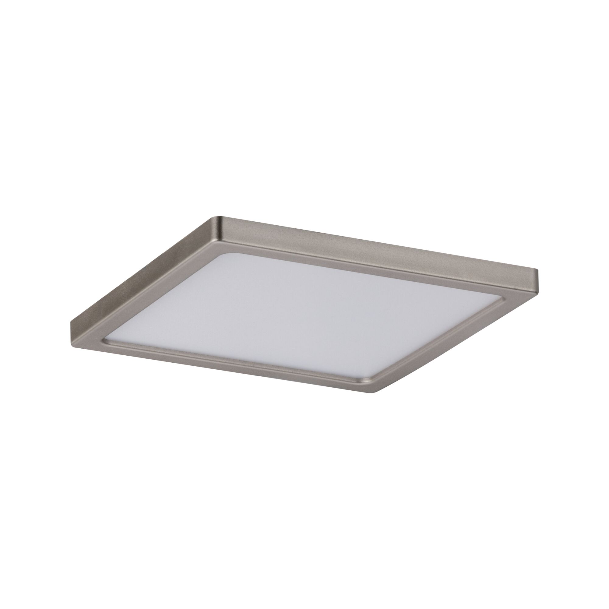 Quadratische Deckenleuchte aus Metall in Nickel matt mit weißem Diffusor für moderne Innenbeleuchtung