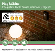 Système Plug & Shine domotique avec détecteur de mouvement sur mur en brique rouge et sphère lumineuse de jardin
