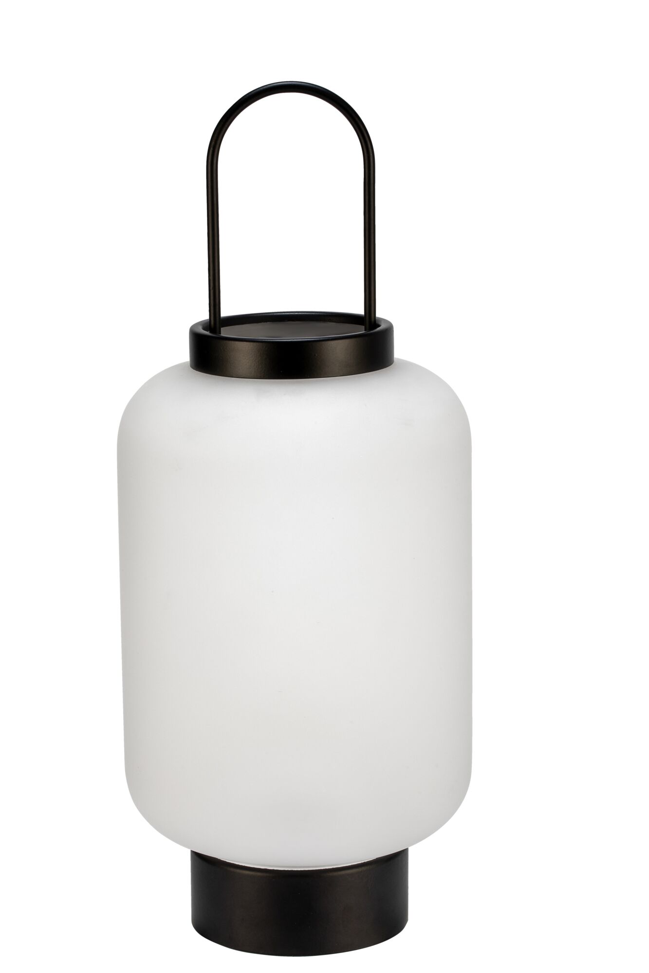 Moderne Tischlampe mit weißem Glas und schwarzem Metallgriff, stilvolle LED-Beleuchtung für Zuhause.
