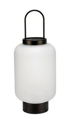 Moderne Tischlampe mit weißem Glas und schwarzem Metallgriff, stilvolle LED-Beleuchtung für Zuhause.