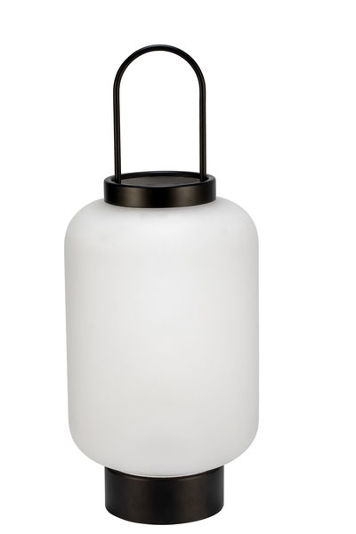 Moderne Tischlampe mit weißem Glas und schwarzem Metallgriff, stilvolle LED-Beleuchtung für Zuhause.