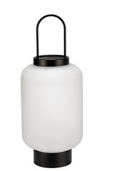 Modern table lamp with white glass and black metal handle, stylish LED lighting for home use.