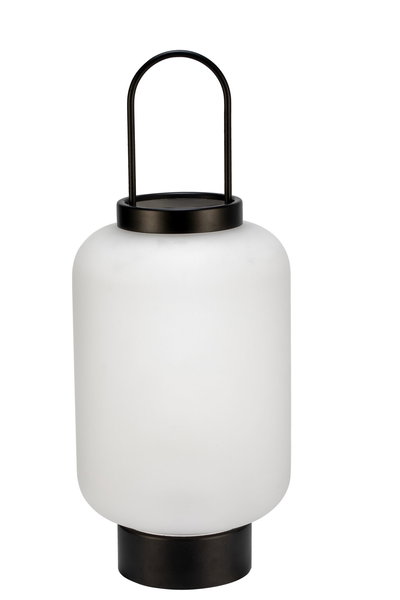Modern table lamp with white glass and black metal handle, stylish LED lighting for home use.