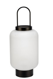 Moderne tafellamp met wit glas en zwart metalen handvat voor stijlvolle woonverlichting