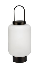 Modern table lamp with white glass and black metal handle for stylish home lighting