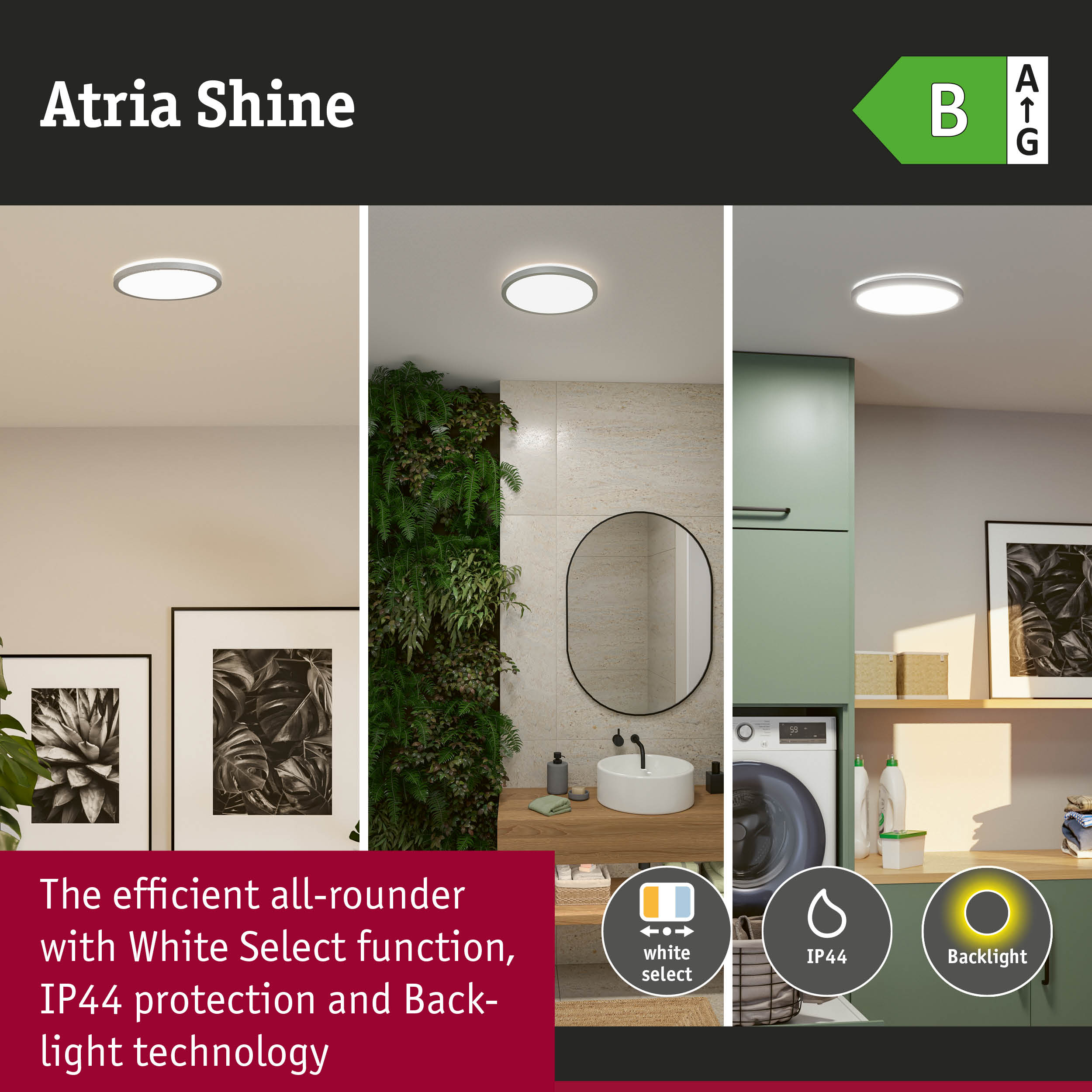 Atria Shine white LED ceiling light with IP44 protection and backlight technology for versatile home use
