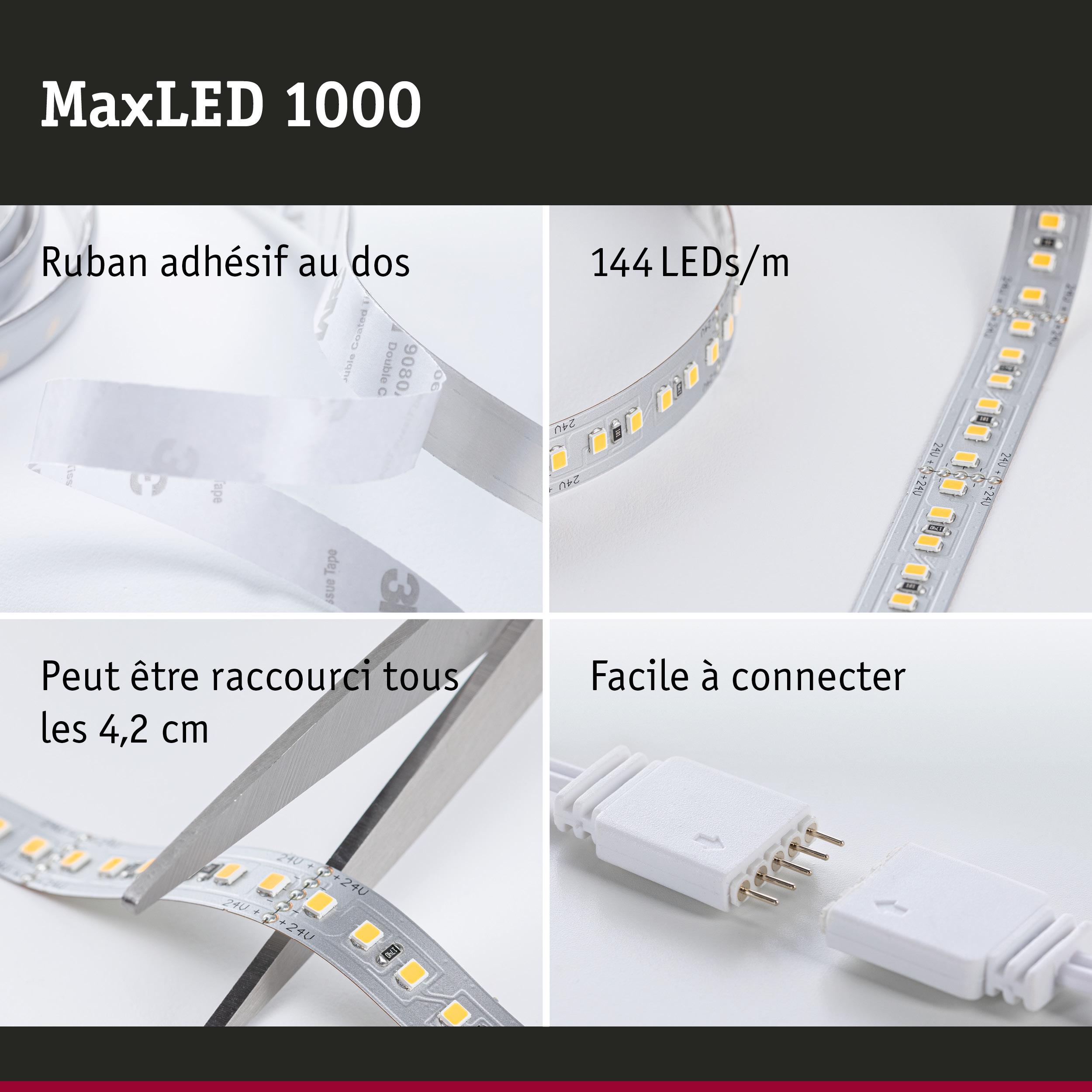 Bande LED MaxLED 1000 avec 144 LEDs/m, ruban adhésif, coupable tous les 4,2 cm, facile à connecter