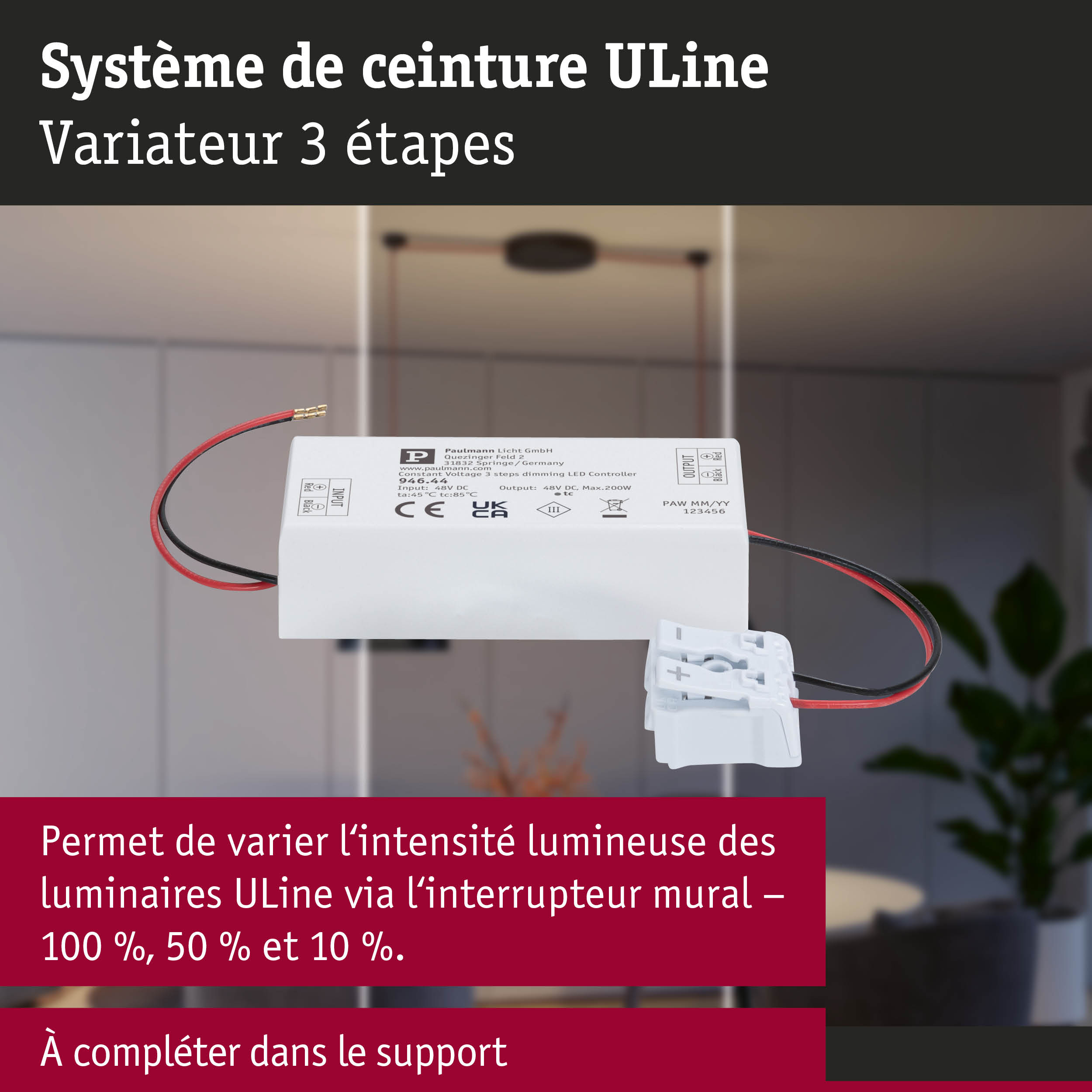 Contrôleur variateur LED blanc avec câbles rouge et noir pour système d'éclairage ULine
