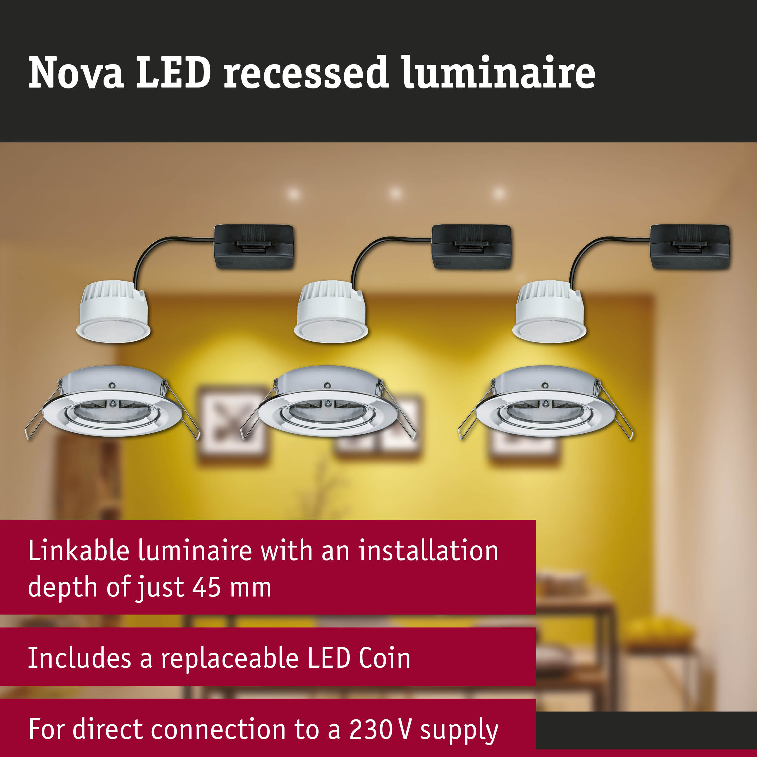 Nova LED recessed spotlight in white with 45 mm installation depth and replaceable LED Coin for 230V connection