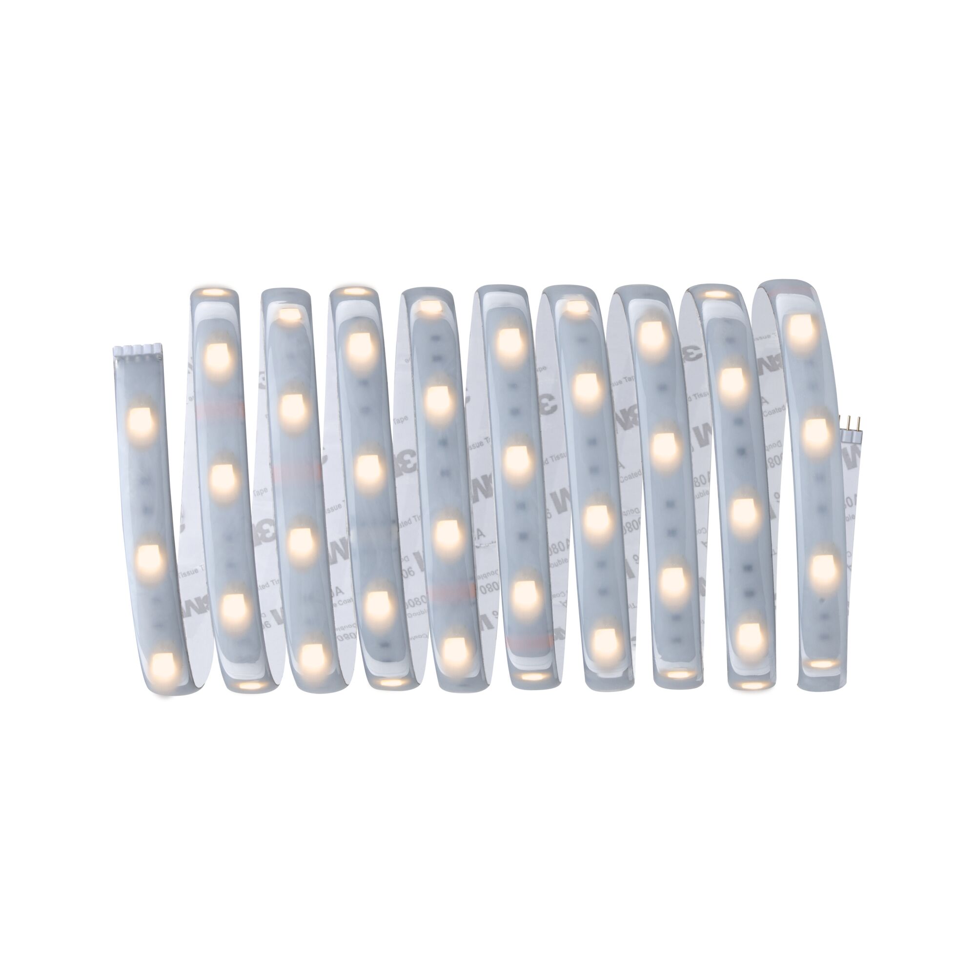 Flexible LED strip light with warm white LEDs and adhesive backing for versatile lighting solutions.
