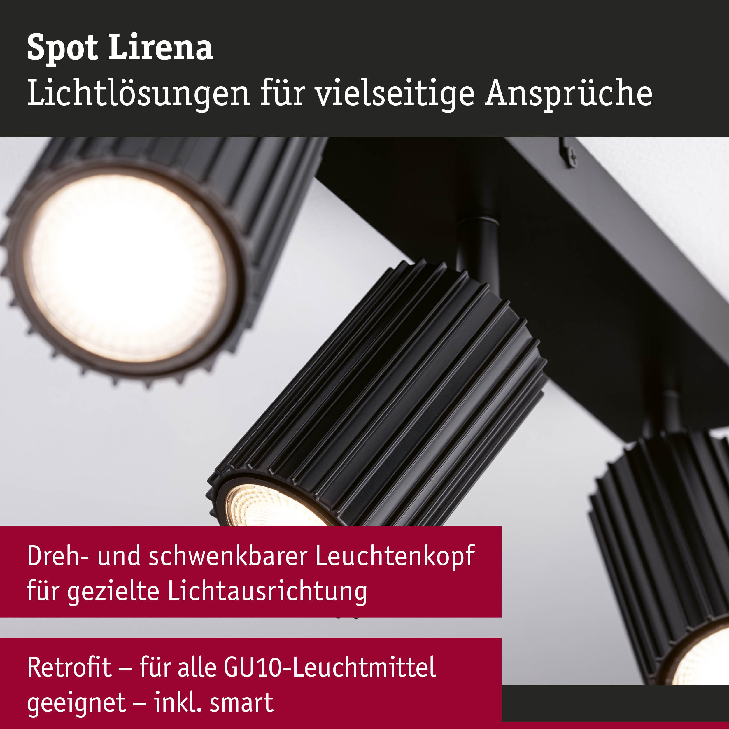 Schwarzer Spot Lirena mit dreh- und schwenkbarem Leuchtenkopf für gezielte Lichtausrichtung