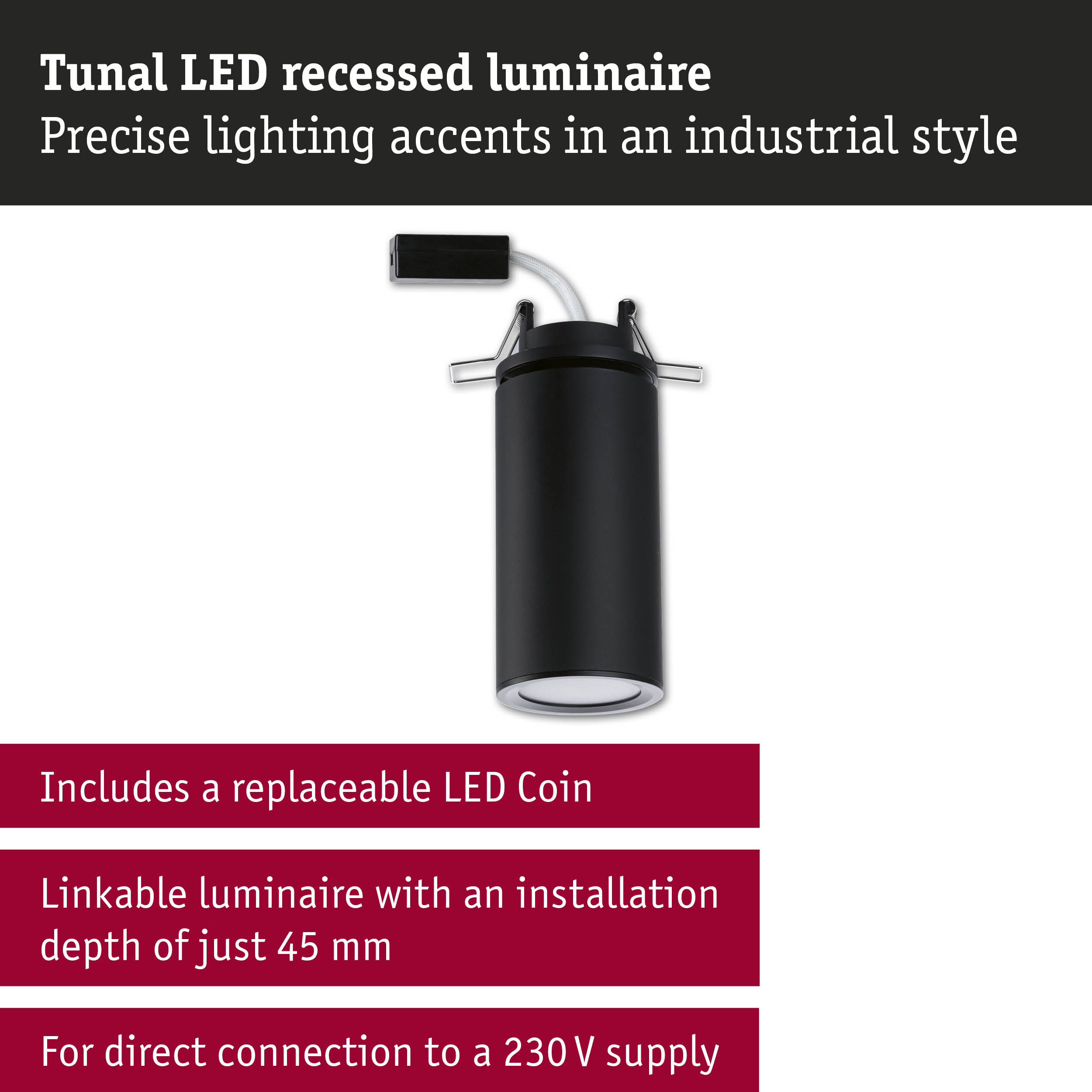 Black Tunal LED recessed luminaire in metal with precise industrial style lighting accents