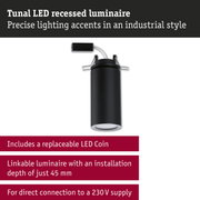 Black Tunal LED recessed luminaire in metal with precise industrial style lighting accents