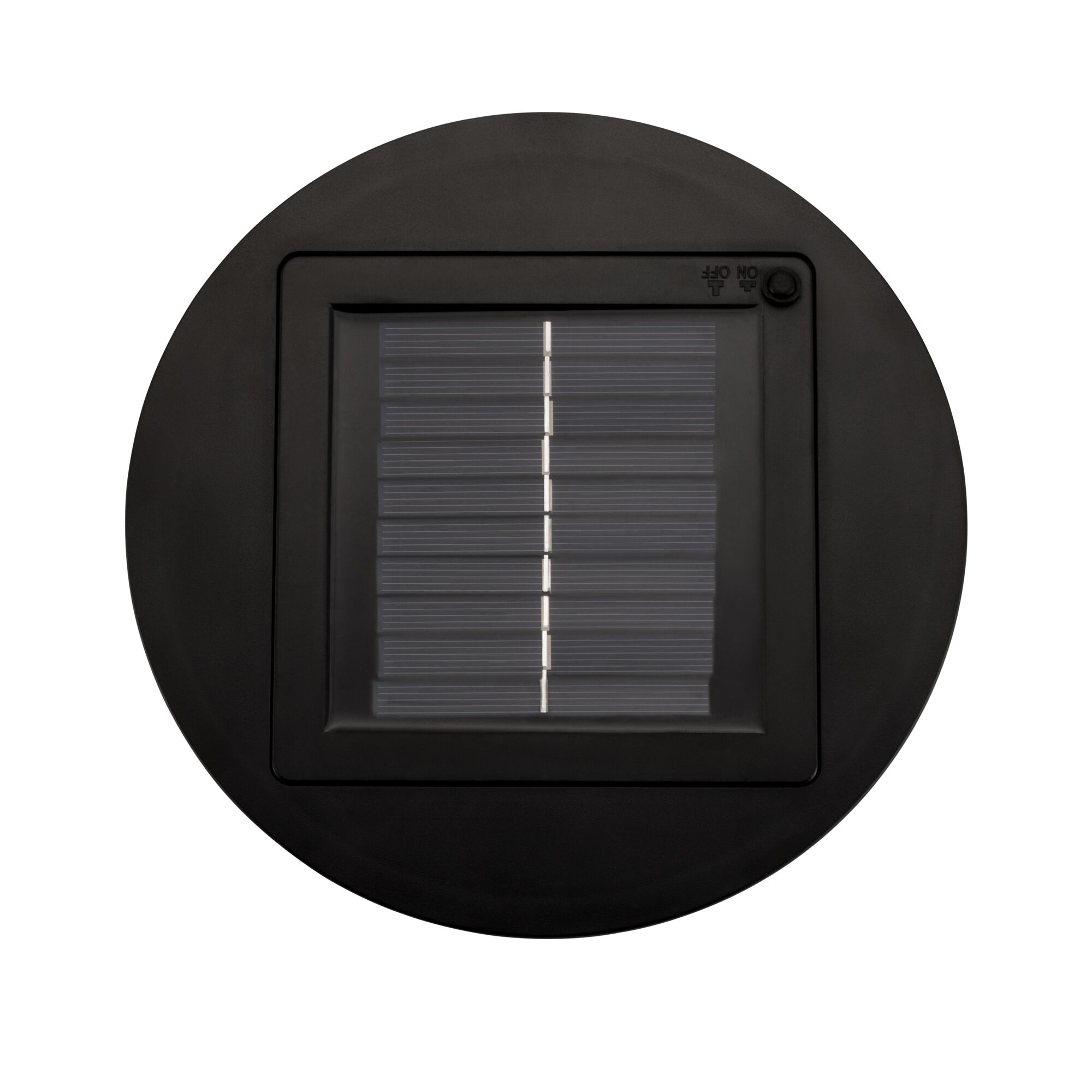 Black round solar panel with on/off switch made of plastic for outdoor lighting
