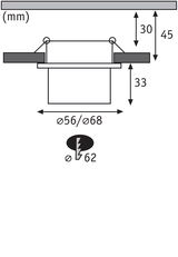 Technische tekening met afmetingen van inbouwspot uitsnede van 56 tot 68 mm diameter in millimeters.