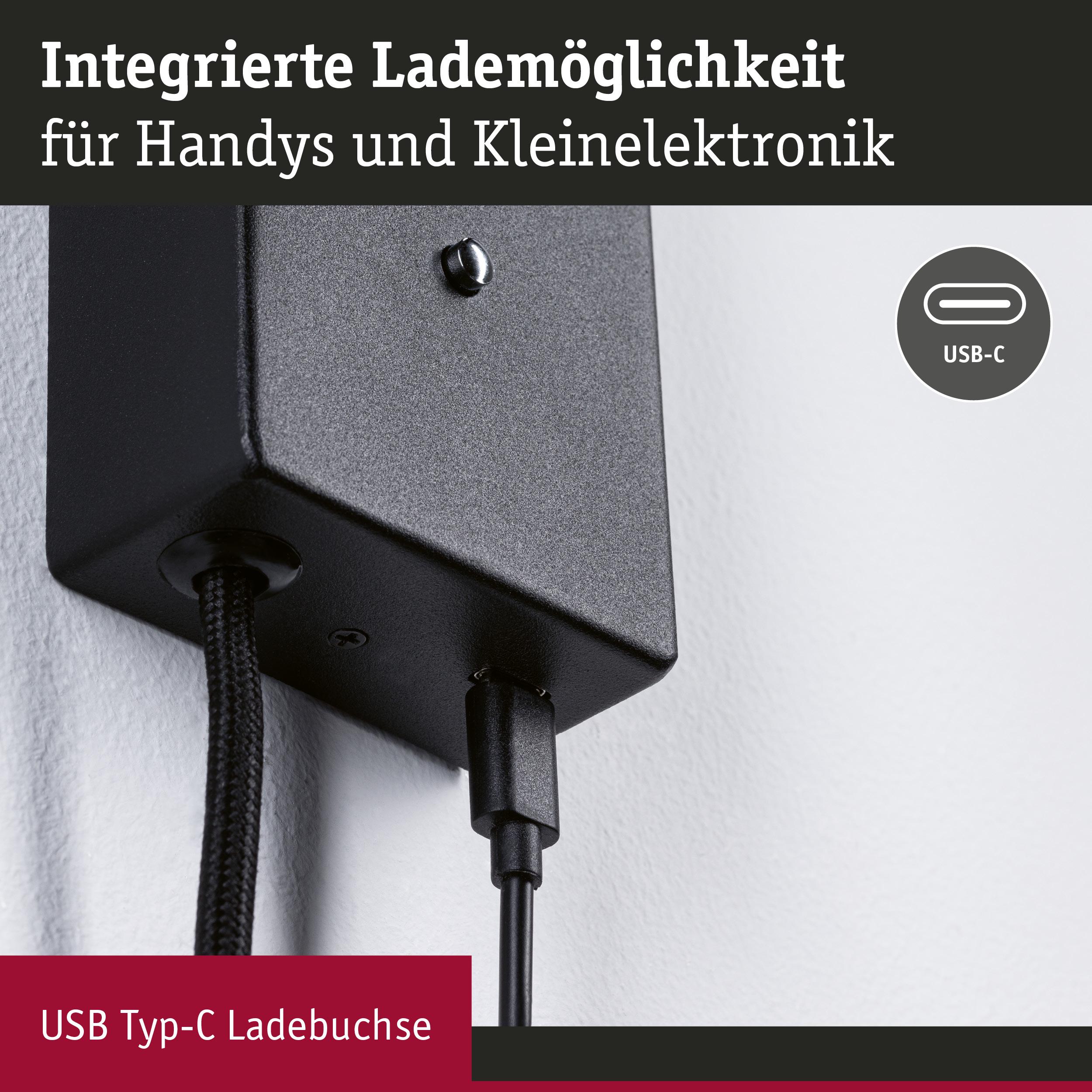 Schwarze Ladebox mit integriertem USB Typ-C Anschluss für Handys und kleine Elektronikgeräte