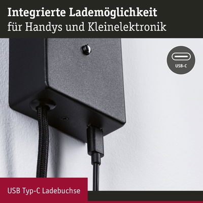 Schwarze Ladebox mit integriertem USB Typ-C Anschluss für Handys und kleine Elektronikgeräte